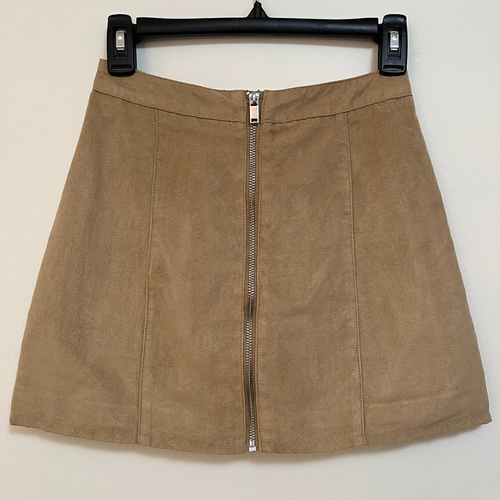 H&M Faux Suede Front Zipper Beige Mini Skirt - Size 2